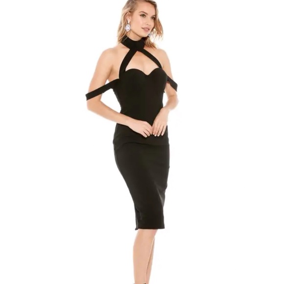 MISHA COLLECTION black Claudia sleeveless Halter fitted bodycon midi dress - Picture 3 of 9